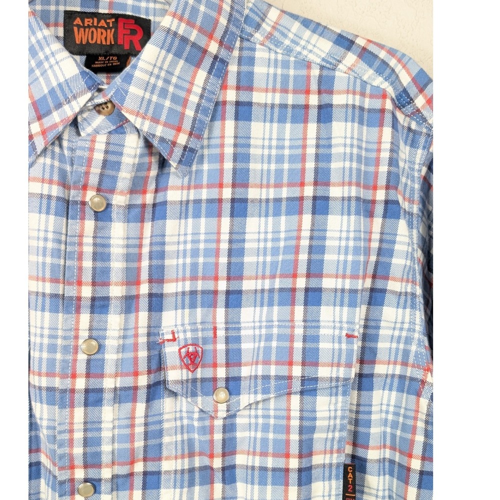 Ariat Work Shirt Men XL Blue Plaid Flame Resistant FR CAT 2 Pearl Snap Shirt